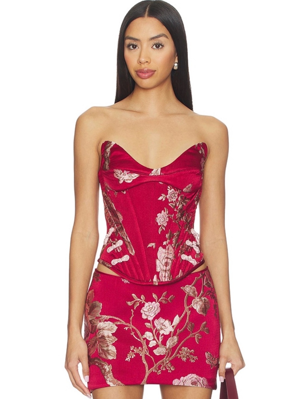 SAU LEE Nico Red Sangria Floral Brocade Corset Top $380